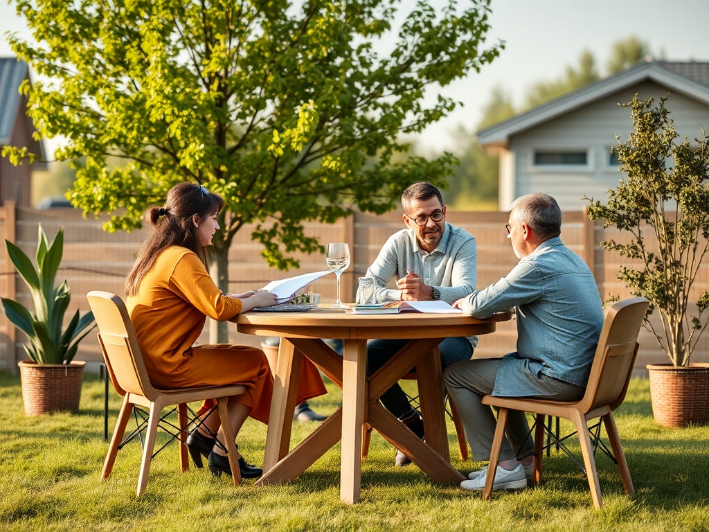 Трое людей обсуждают что-то за столом на улице, вокруг зелёные деревья и растения. Тёплый солнечный день.