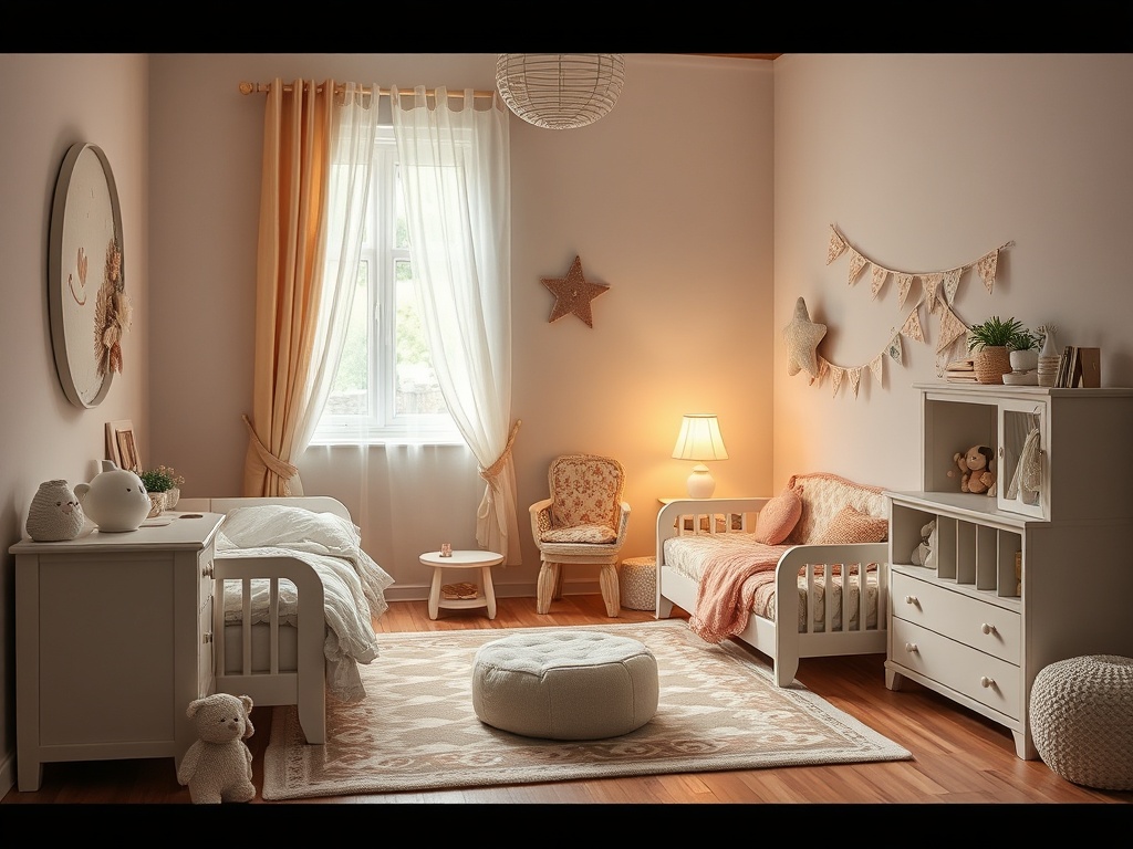 Уютная детская комната с кроватками, мягкими игрушками и светлыми занавесками. Тёплая и приветливая атмосфера.