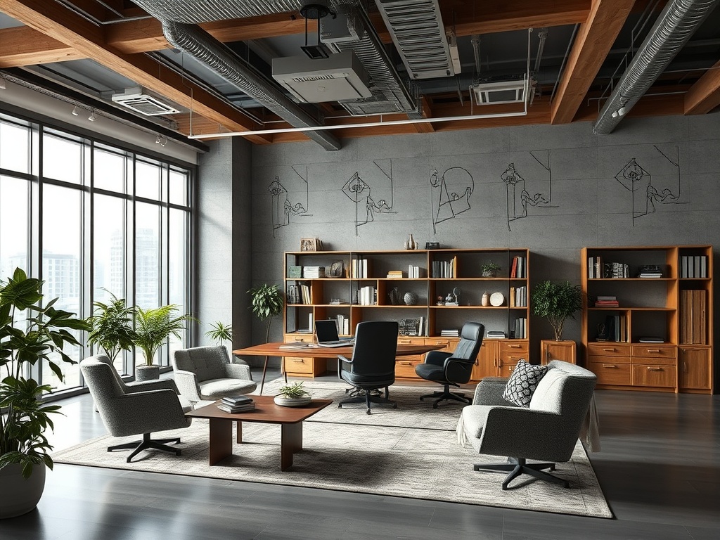 Современный офис с большими окнами, стильной мебелью и растениями, создающий атмосферу творчества.