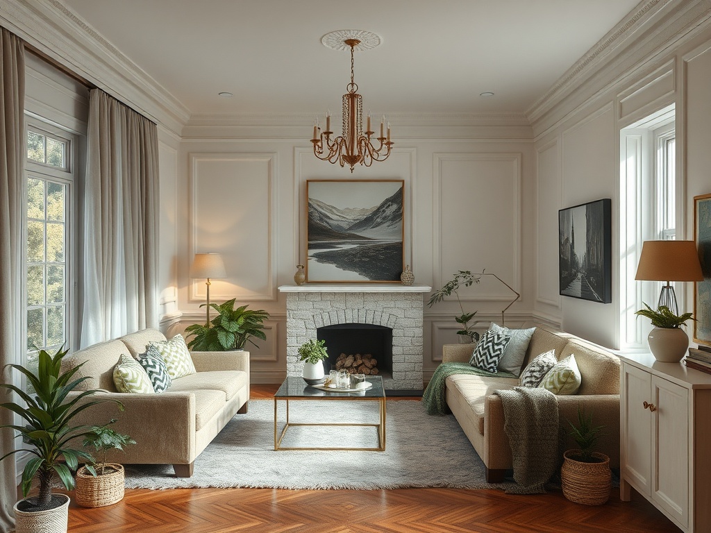 Современная гостиная с мягкой мебелью, камином, картиной и зелеными растениями. Светлые тона и уютная атмосфера.
