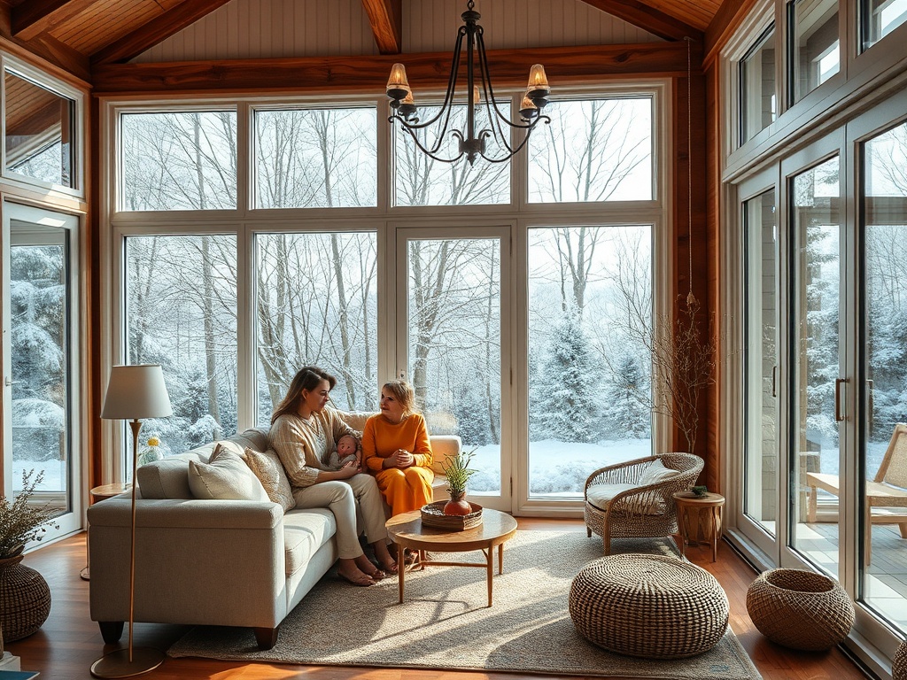 Две женщины сидят в уютной комнате, одна держит младенца, большие окна с видом на зимний пейзаж.