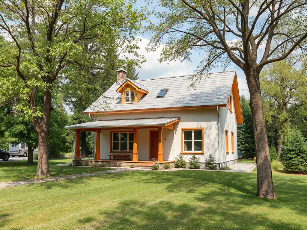 Современный загородный дом с оранжевыми окнами и крышей, окруженный зелеными деревьями и ухоженным газоном.