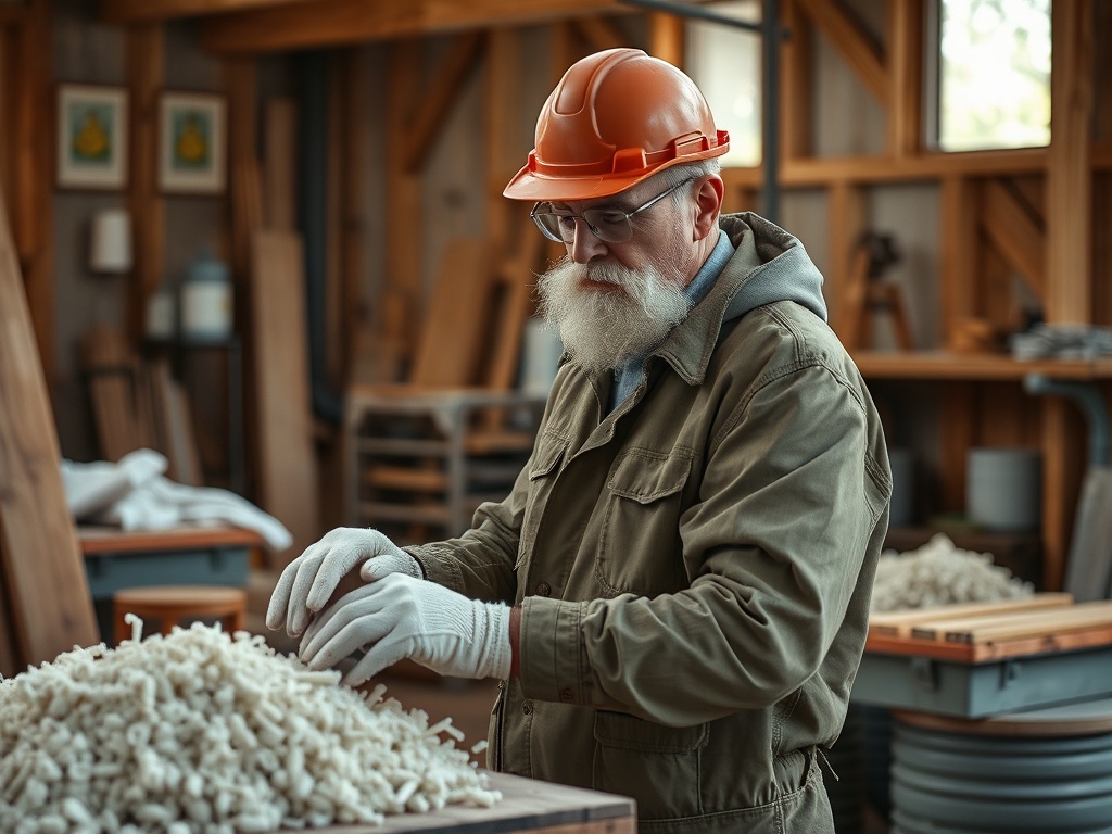 Пожилой мужчина в оранжевом каске и перчатках работает с материалами в мастерской. Вокруг деревянные детали.