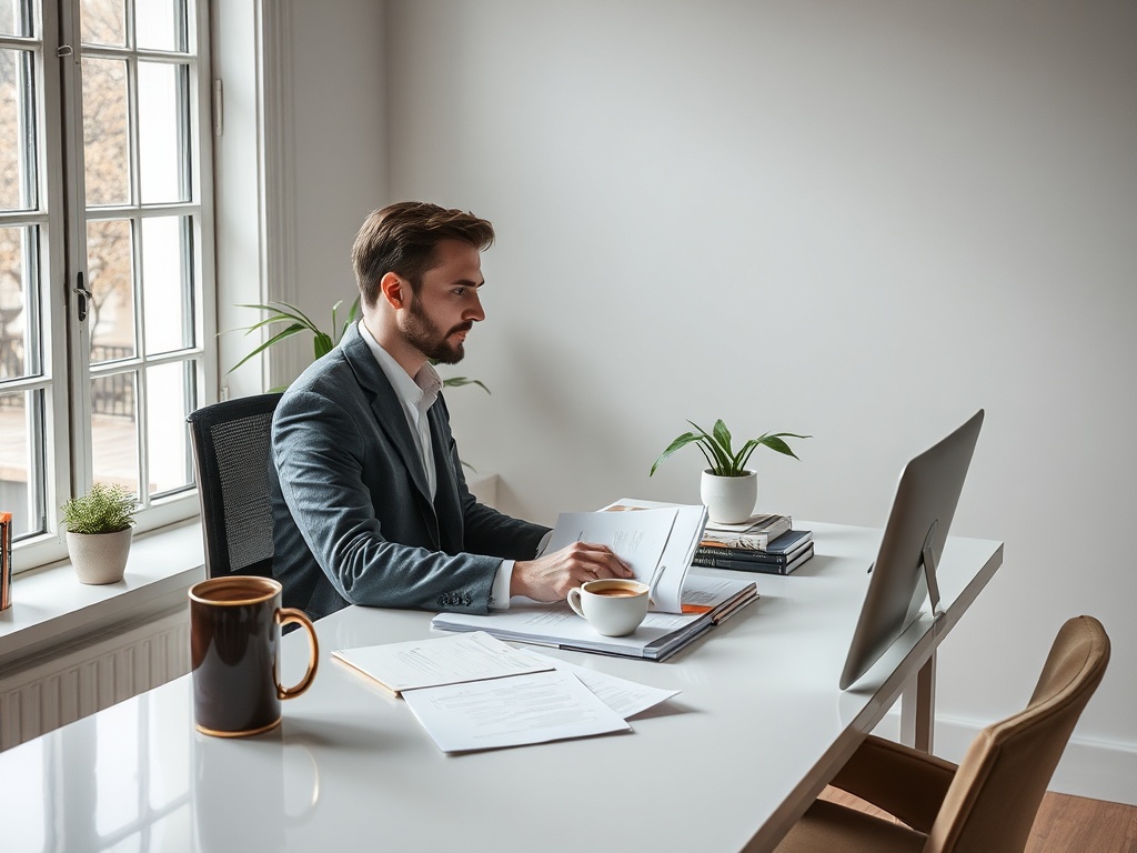 Мужчина в деловом костюме работает за столом с документами и чашкой кофе в современном офисе.
