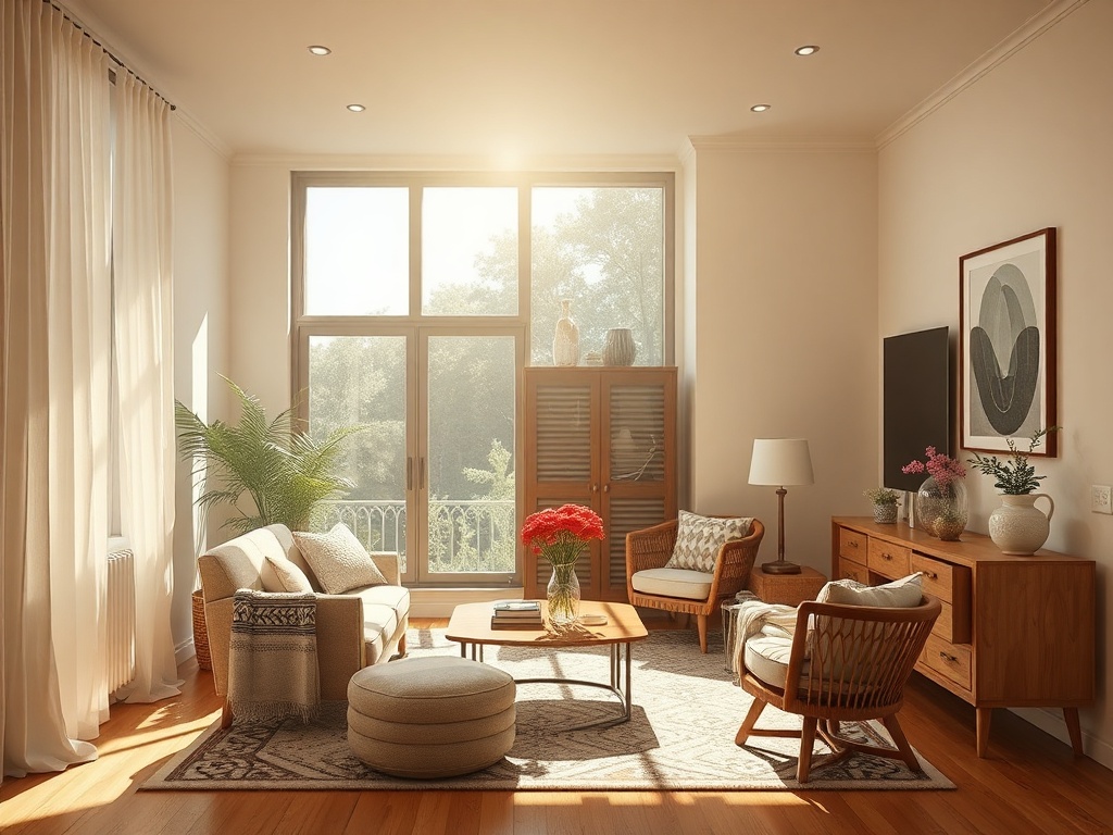 Светлая гостиная с мягкой мебелью, столиком и растениями, освещённая солнечными лучами.