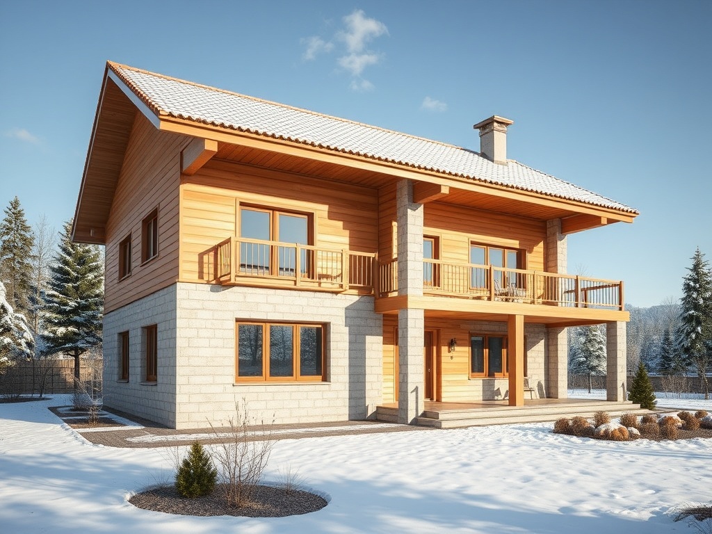 Деревянный дом с балконом, окруженный снегом, расположен среди хвойных деревьев на зимнем пейзаже.
