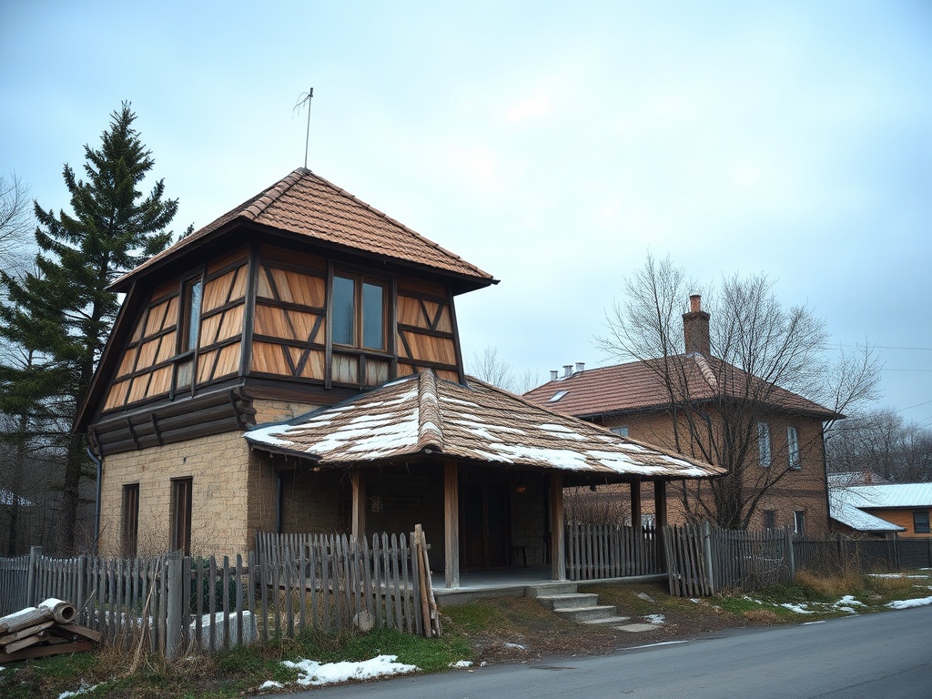 Деревянный дом с крышей в стиле фахверк, расположенный на улицах небольшого поселка.