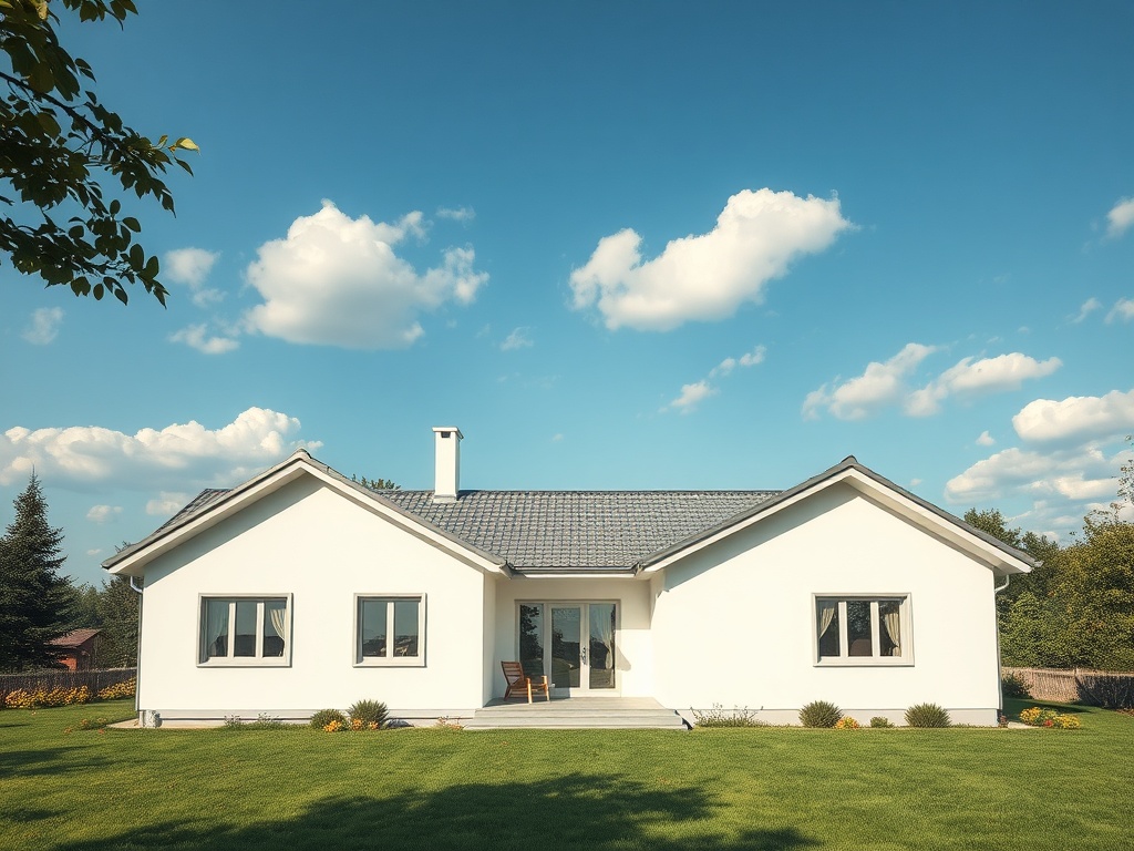 Современный дом с белыми стенами и низкой крышей на фоне неба с облаками и зелёного газона.