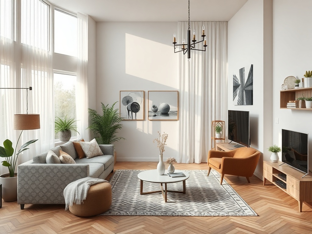 Современный светлый интерьер гостиной с зелеными растениями и уютной мебелью.