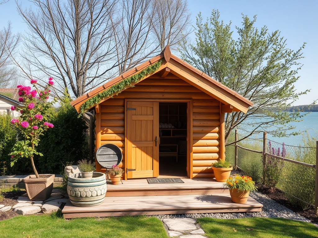 Деревянная баня у озера, окруженная зеленью и цветами, с уютной террасой и солнечным настроением.
