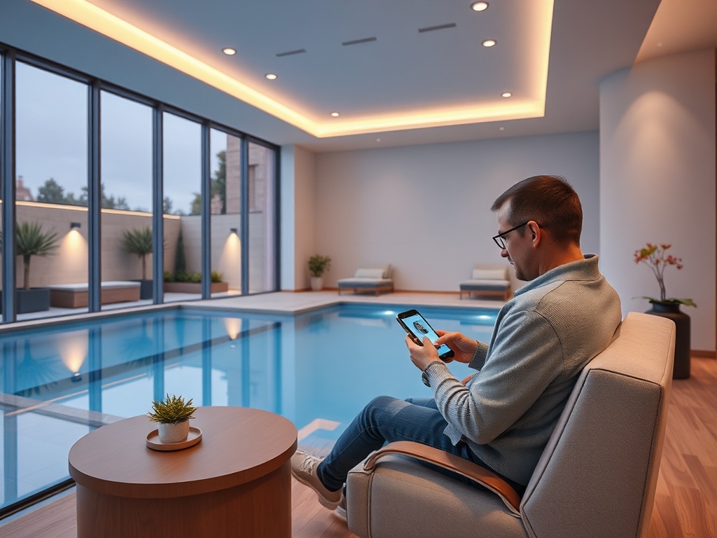 Мужчина в свитере сидит у бассейна и смотрит на планшет в современной комнате с большими окнами.