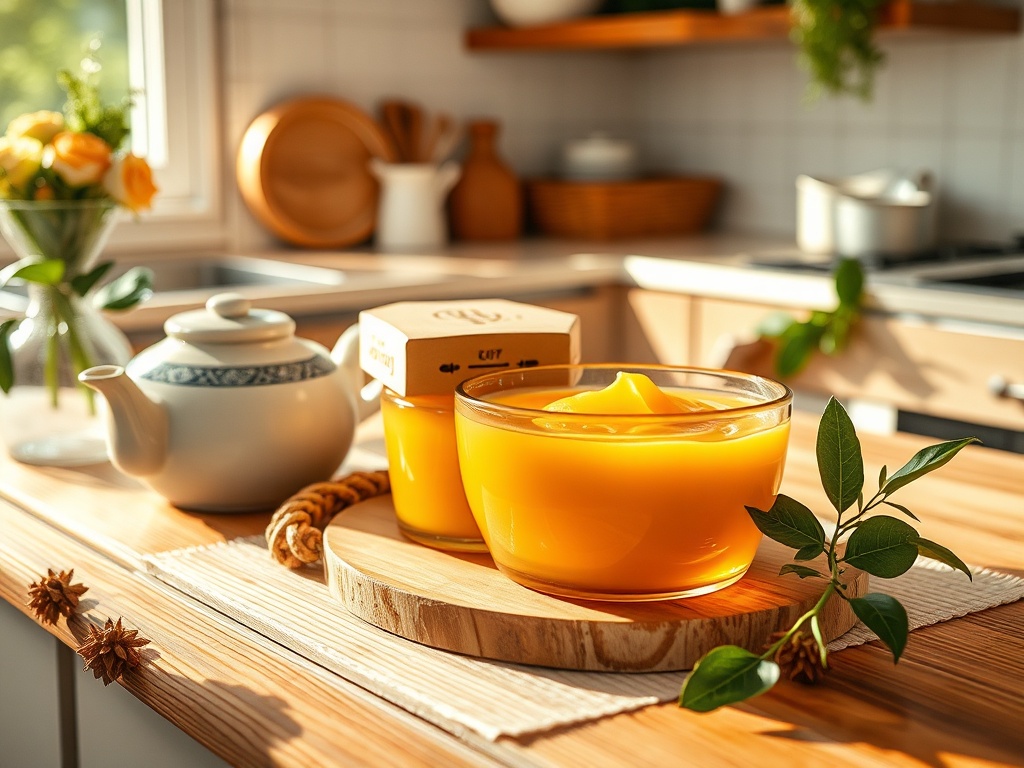 На деревянной поверхности стоят чаша с ярким десертом, чайник и упаковка на фоне уютной кухни.