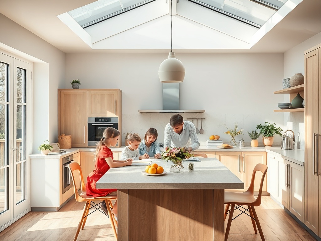 Семья готовит вместе на кухне, наслаждаясь временем, проведённым в теплой и светлой обстановке.