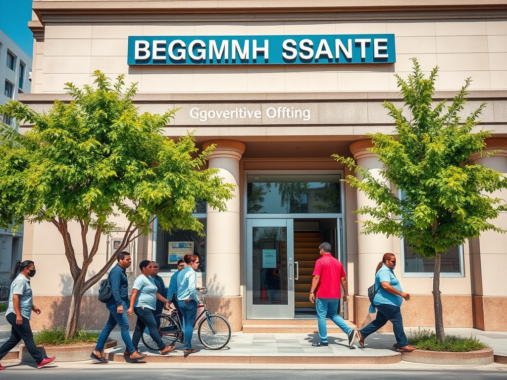 На изображении группа людей идет мимо здания с вывеской "BEGGMMH SSANTE". Яркий солнечный день, зелень деревьев.