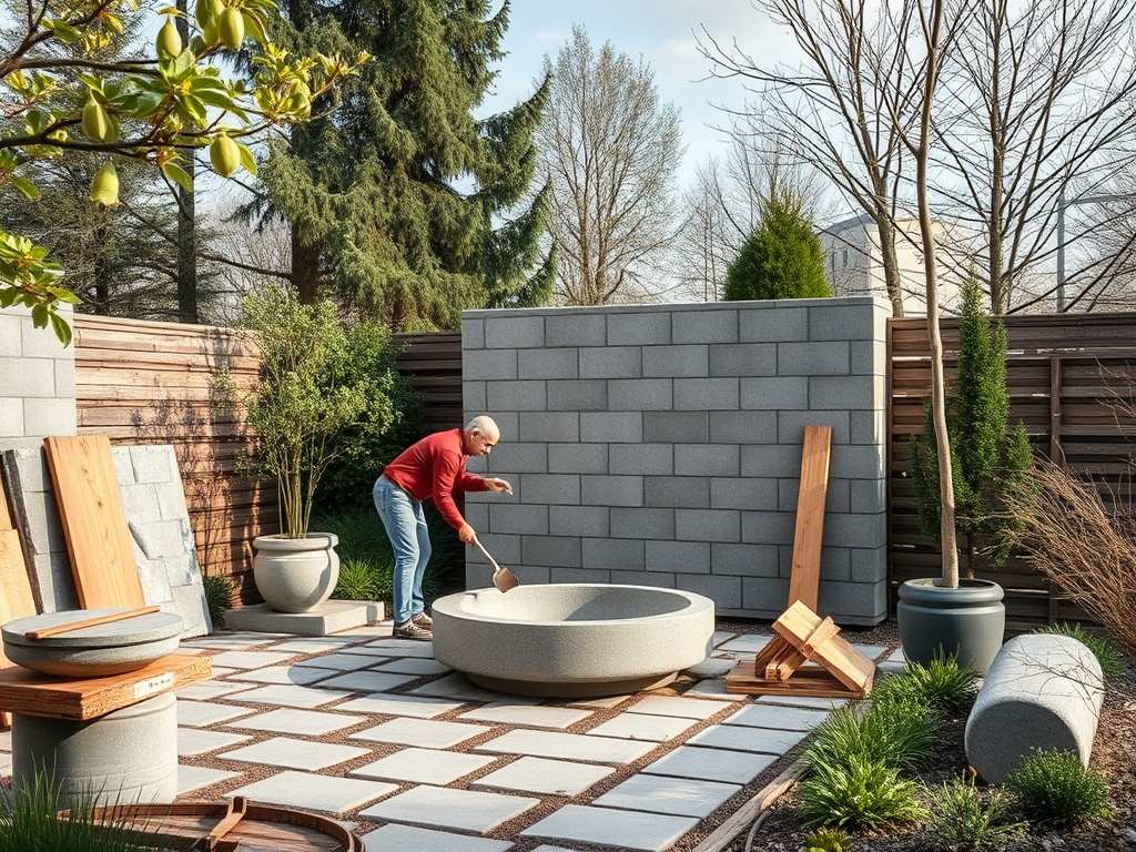 Человек укладывает плитку в современном саду с деревьями и стенами из серого блока.