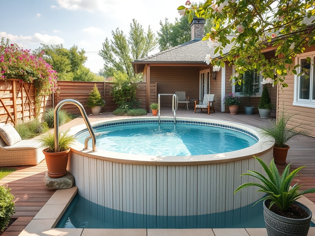 Круглый бассейн на деревянной веранде, окруженный зеленью и цветами, в солнечный день.