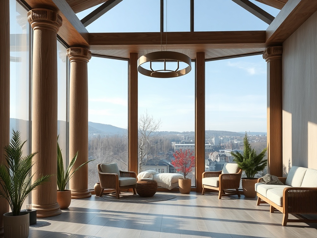 Светлая комната с большими окнами, колоннами и уютной мебелью, открывающими красивый вид на природу.