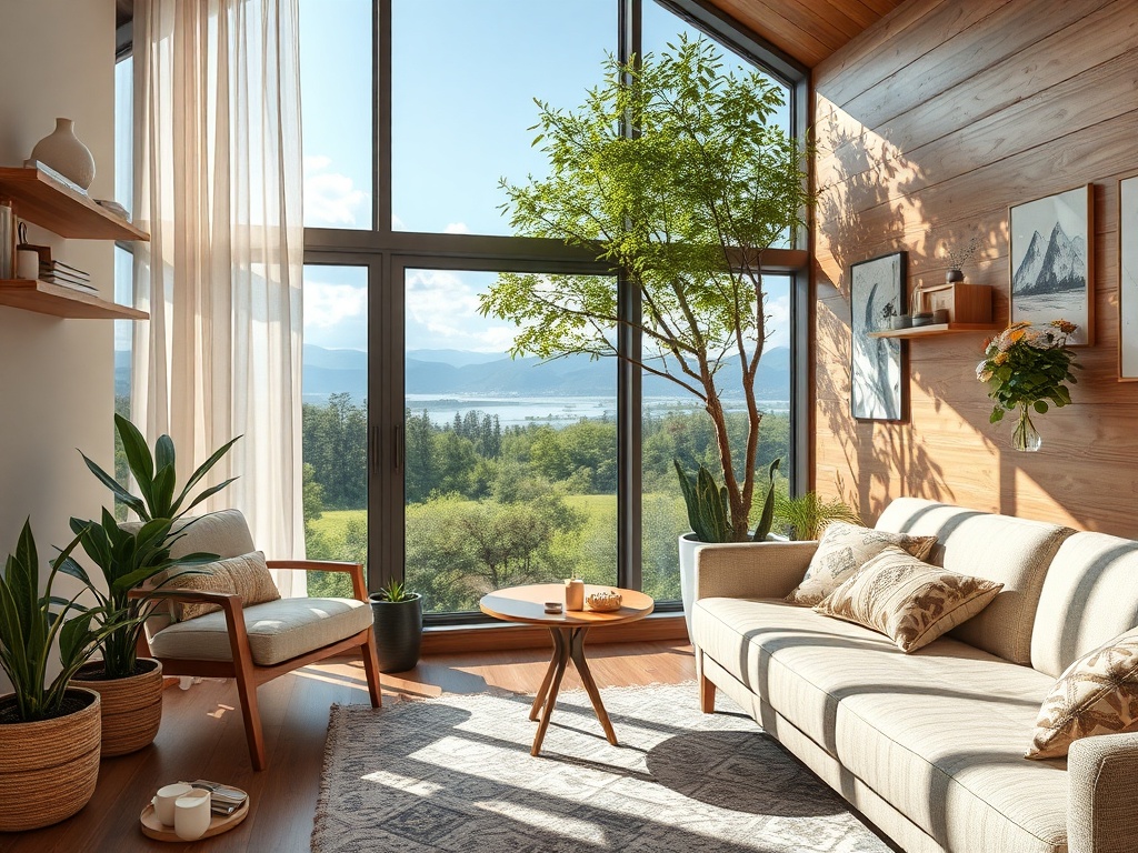 Уютная гостиная с большими окнами, зеленым растением и комфортной мебелью, открывающая красивый вид на природу.