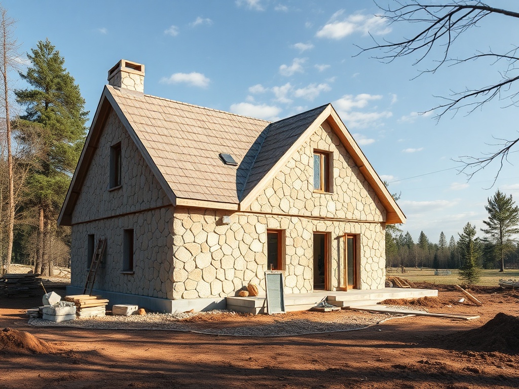Новый дом из камня с крышей из черепицы на фоне леса и чистого неба. Вокруг стройматериалы.