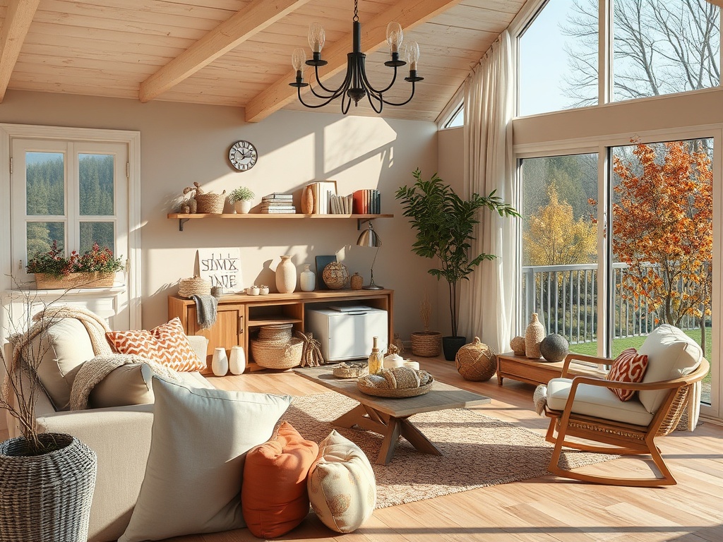 Светлая гостиная с большими окнами, уютной мебелью и зеленью, создающая атмосферу уюта и тепла.