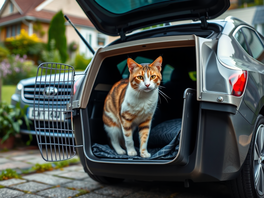 Кот с оранжевыми пятнами выходит из багажника автомобиля на фоне зелени и домов.