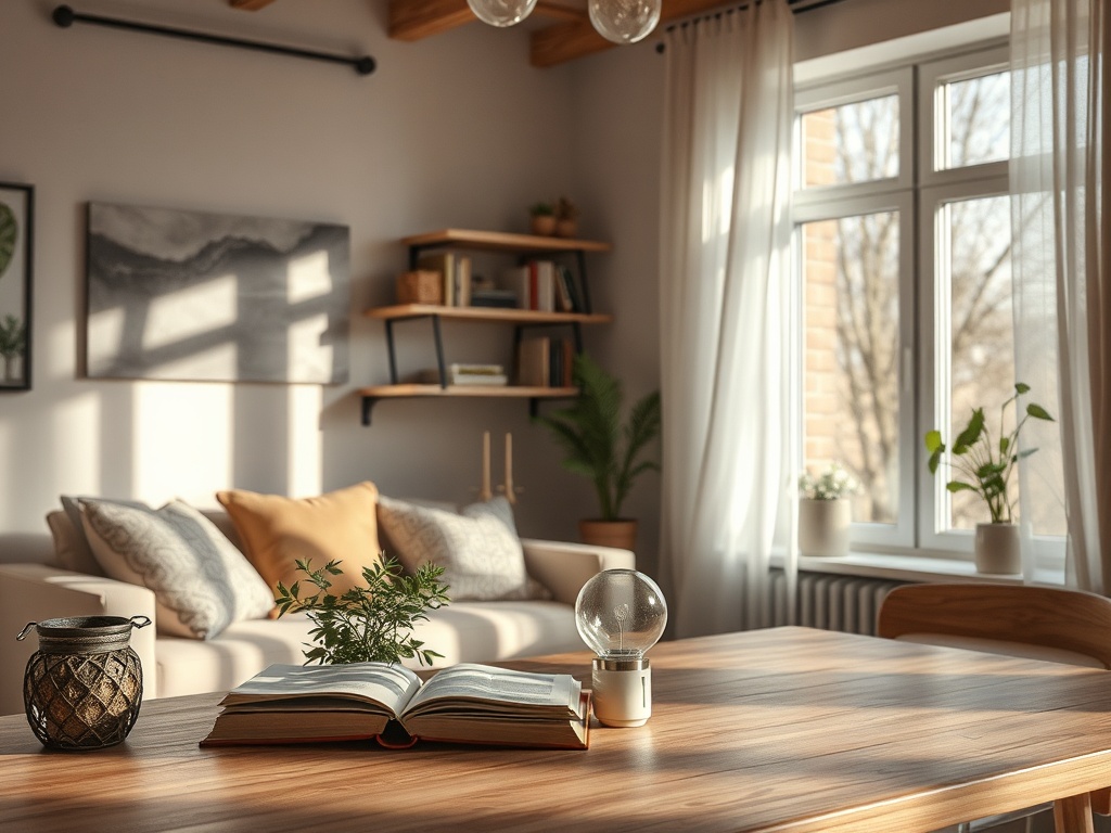 Светлая комната с деревянным столом, книгой, растениями и мягкой мебелью. Большое окно с ярким светом.