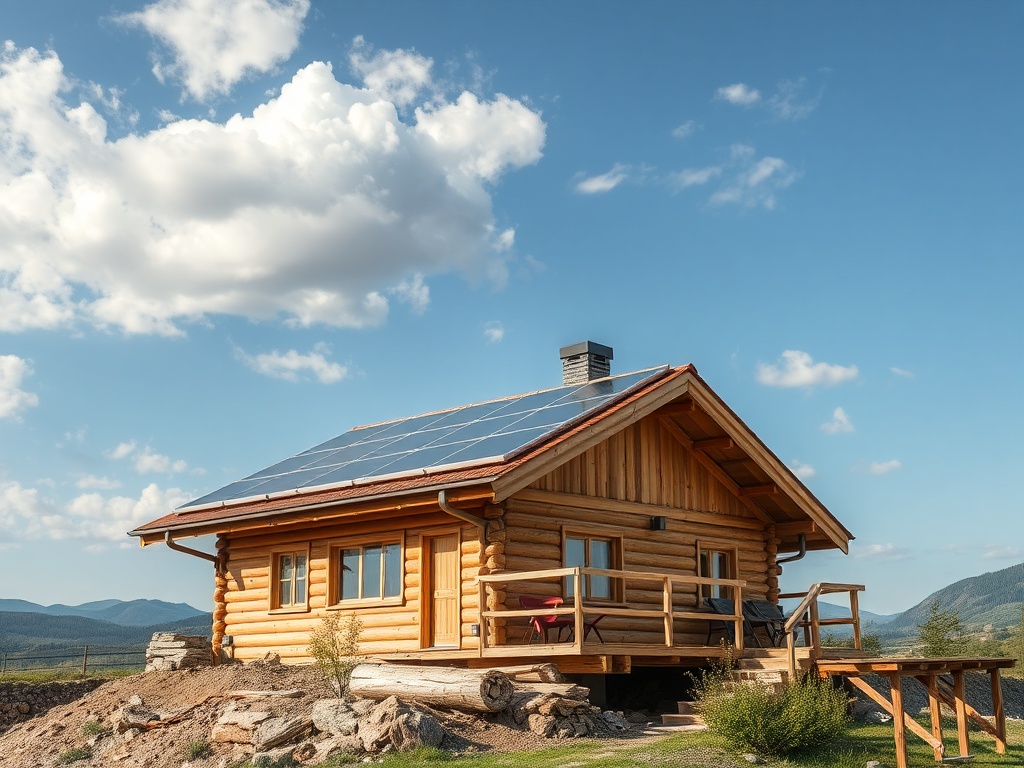 Деревянный дом с солнечными панелями на крыше, красивый пейзаж и голубое небо с облаками.