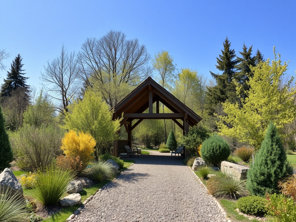 Тропа, ведущая к деревянной беседке, окружённой зеленью и кустарниками, под ясным голубым небом.